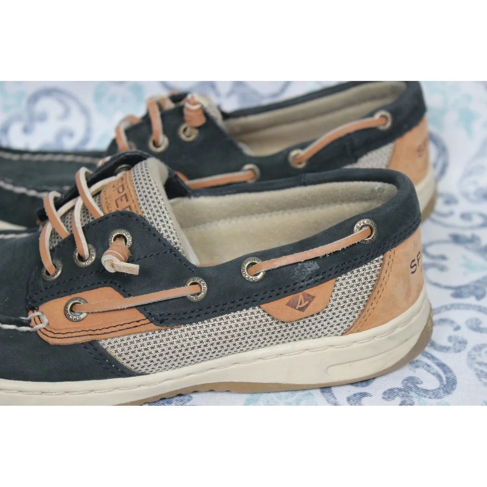 Sperry‎ Top Sider Boat Shoes Womens 6.5M Navy Tan Mesh Leather Laces